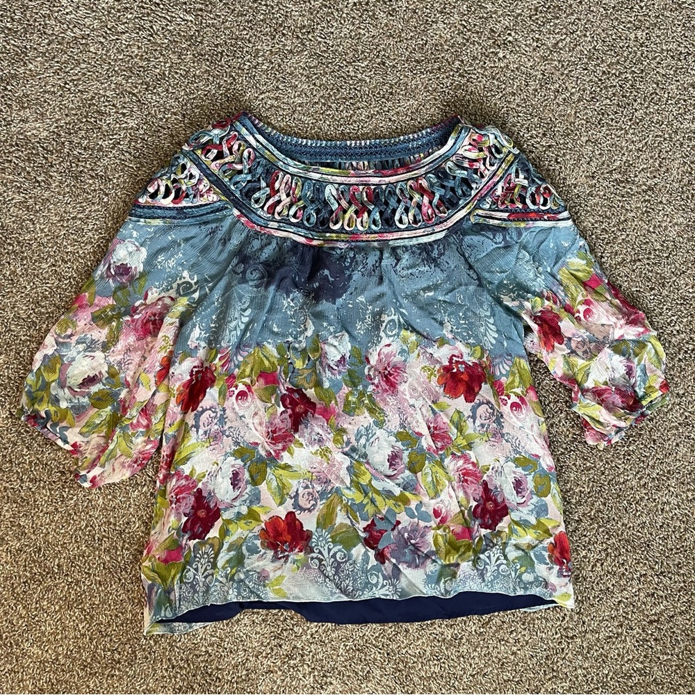 Sundance Floral Colorful 3/4 Sleeve Shirt Blouse 100% Silk Women’s Size XL